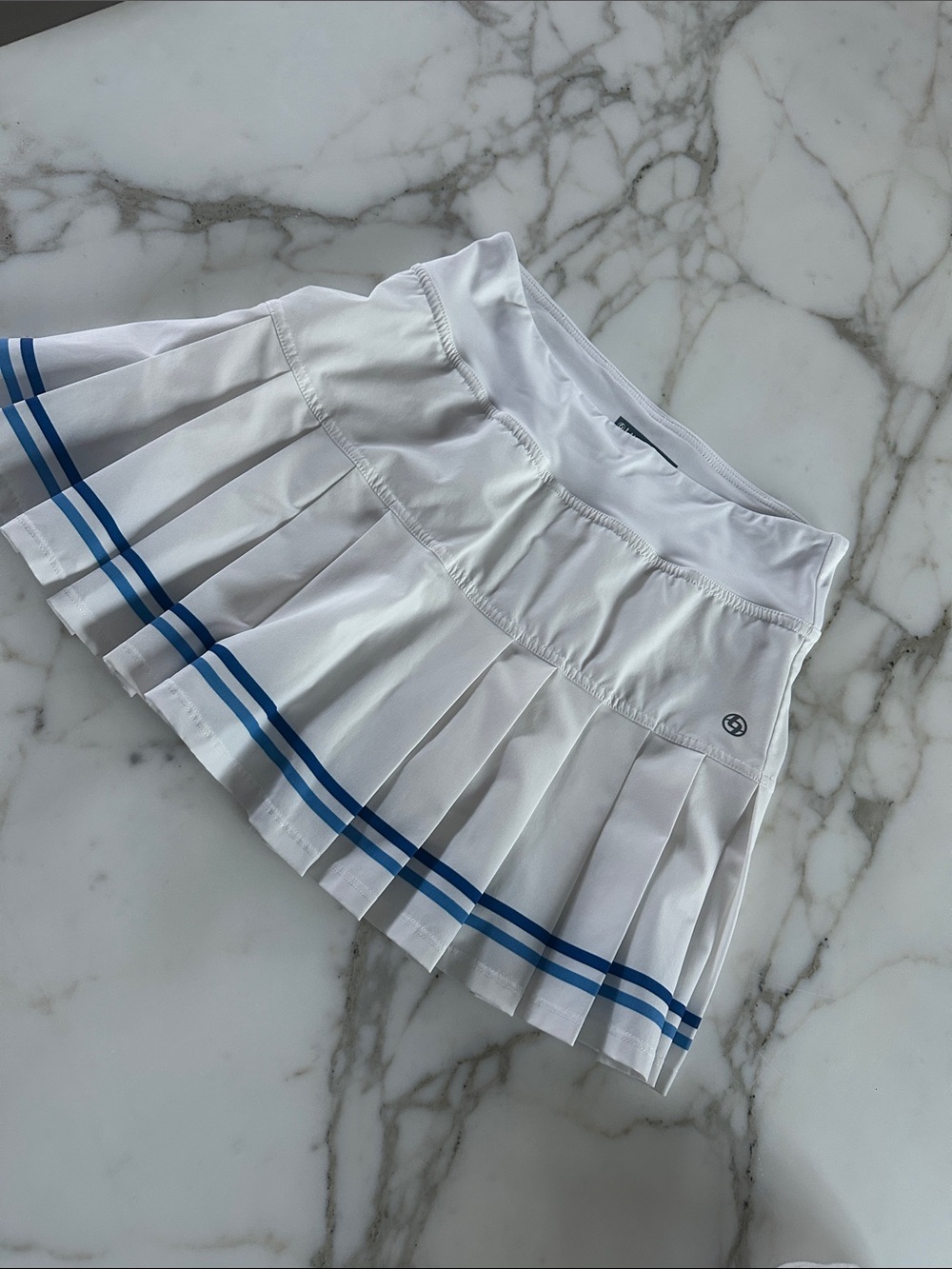 Lija White Pleated Skater Skirt with Blue Double Stripe